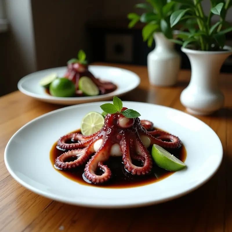 Plato hondo negro con ceviche de pulpo en tinta de calamar, rodajas de papa blanca y camote morado, decorado con hilos de algodón de azúcar y culantro fresco. Receta peruana gourmet y dramática.