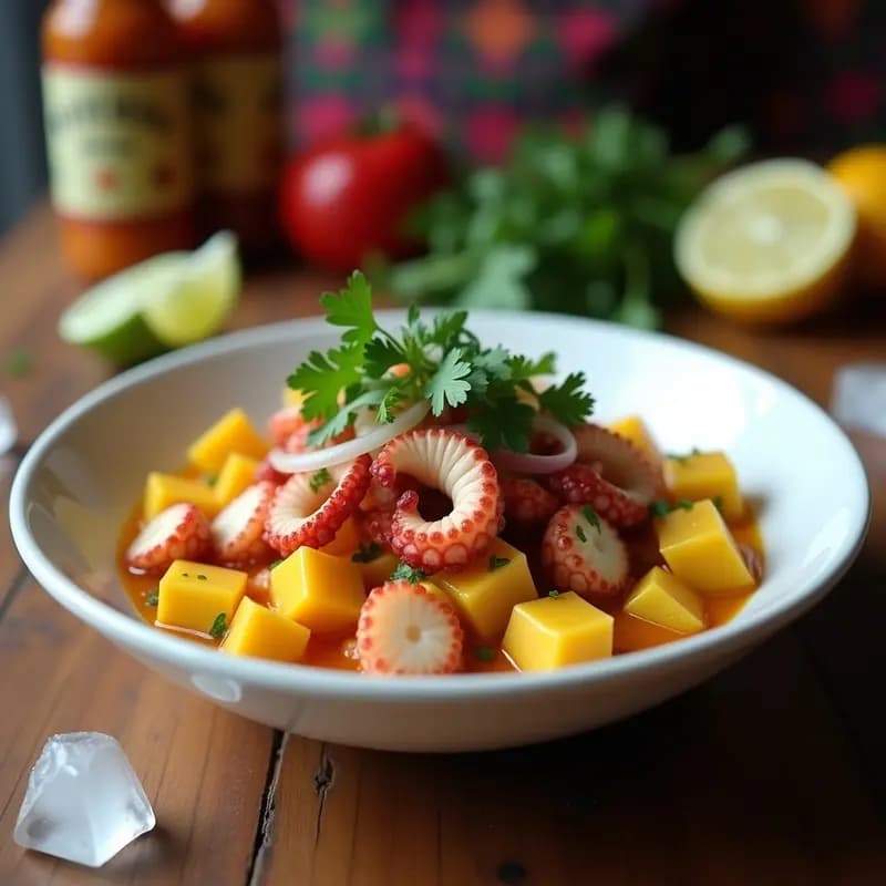 Plato hondo de cerámica blanca con ceiche de pulpo en trozos, yuca dorada en cubos, cebolla morada en juliana, culantro fresco y maíz tostado, decorado con hielo picado y hojas de lechuga morada. Receta peruana de ceiche de pulpo con yuca y ají amarillo.