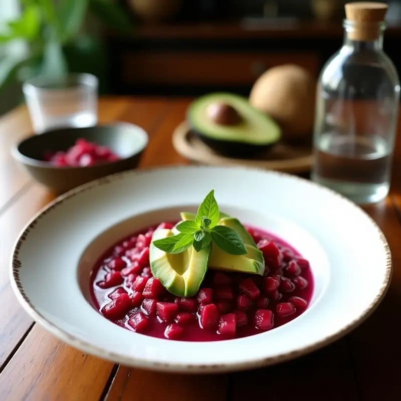 Plato colorido de ceviche crudivegano con remolacha rallada morada, cubos de aguacate verde, cebolla morada en juliana y semillas de sésamo sobre un fondo de leche de coco cremosa, decorado con hojas de menta fresca.