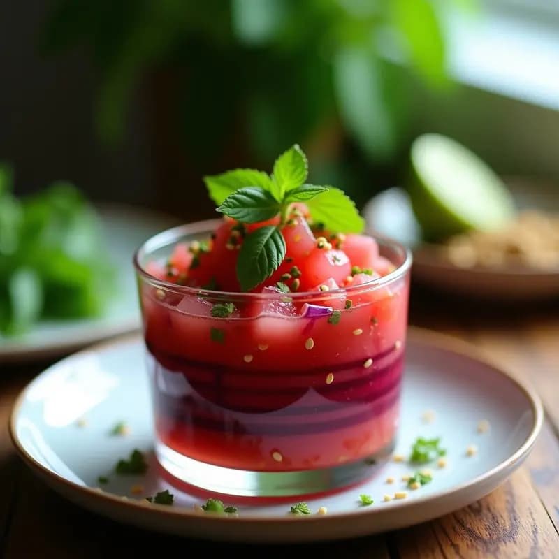 Plato de ceviche vegano con remolacha cruda en cubos, algas nori en tiras, puré de palta cremoso y decoración de semillas de sésamo y cilantro fresco, servido en un plato blanco con fondo rústico.