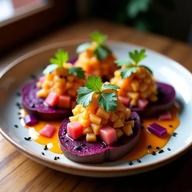 Ceviche vegano peruano de remolacha y chancho de monte con lulo, servido sobre hojas de lechuga morada, decorado con maíz tostado y cilantro fresco.