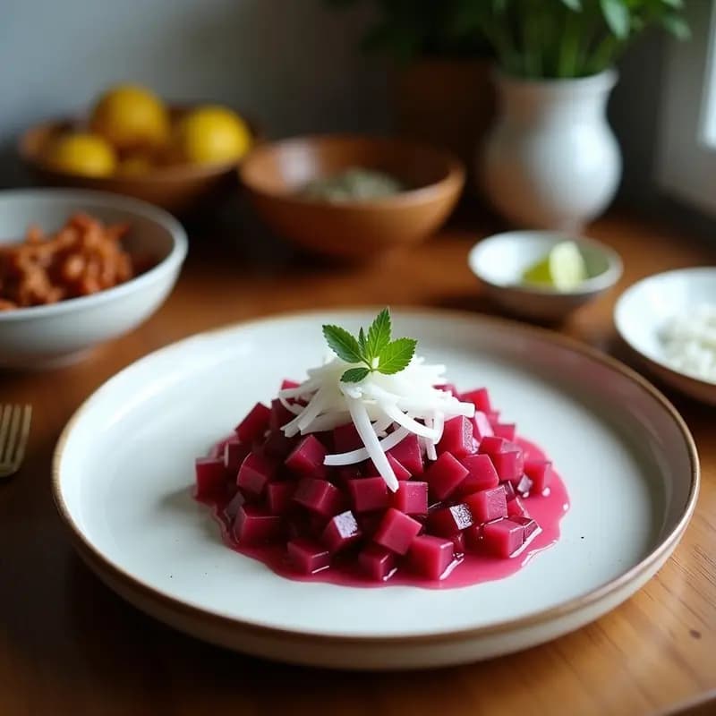 Ceviche de remolacha y coco rallado vegano peruanos en plato blanco, con remolacha en cubos rosados, coco tostado dorado crujiente, cilantro fresco y semillas de sésamo, servido sobre hojas de lechuga.