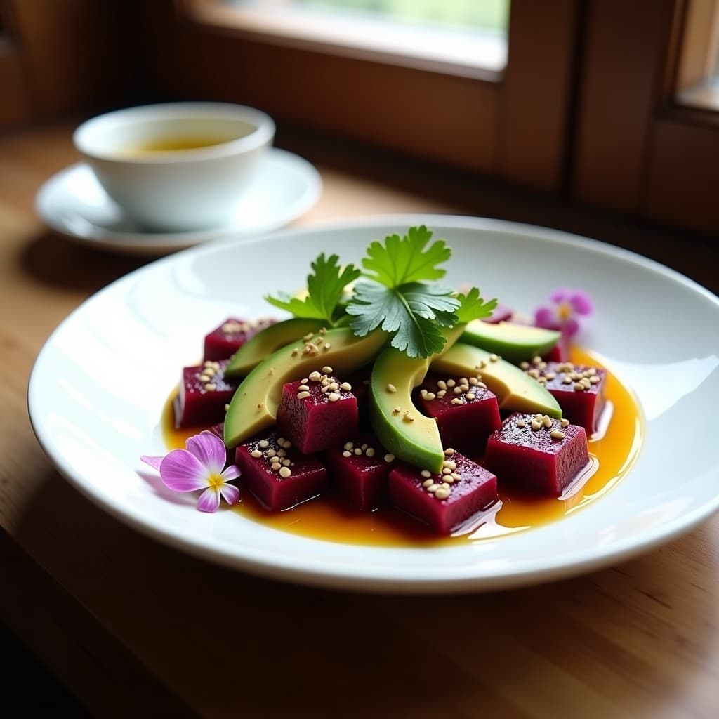 Ceviche vegano de remolacha y nuez moscada servido en plato blanco sobre fondo rústico, con trozos de remolacha asada, aguacate, pepino y semillas de sésamo, decorado con hojas de cilantro.