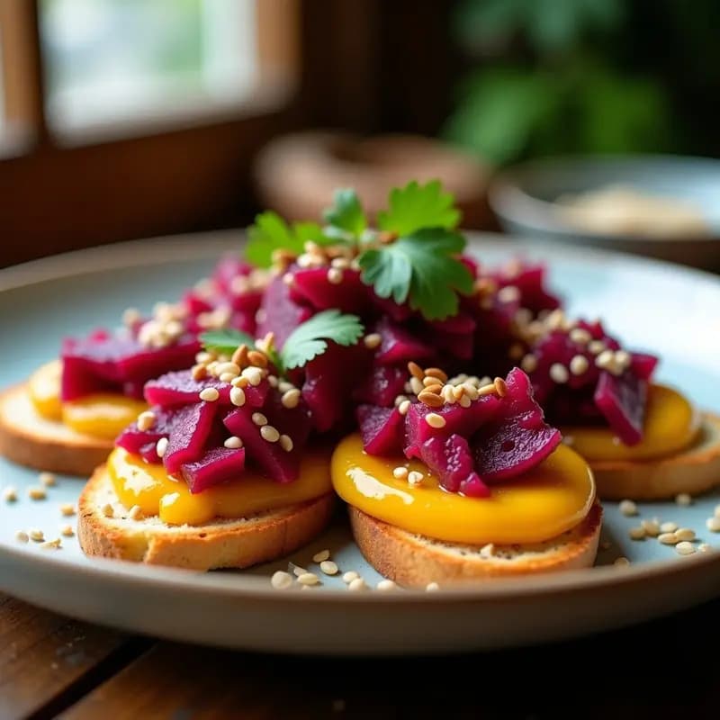 Ceviche vegano de remolacha y raíz de loto con toque crujiente, servido sobre hojas de lechuga morada y tostadas de pan de yuca. Decorado con semillas de sésamo negro, brotes de rábano y hojas de menta morada. Plato colorido con tonos vibrantes de rojo, morado y blanco.