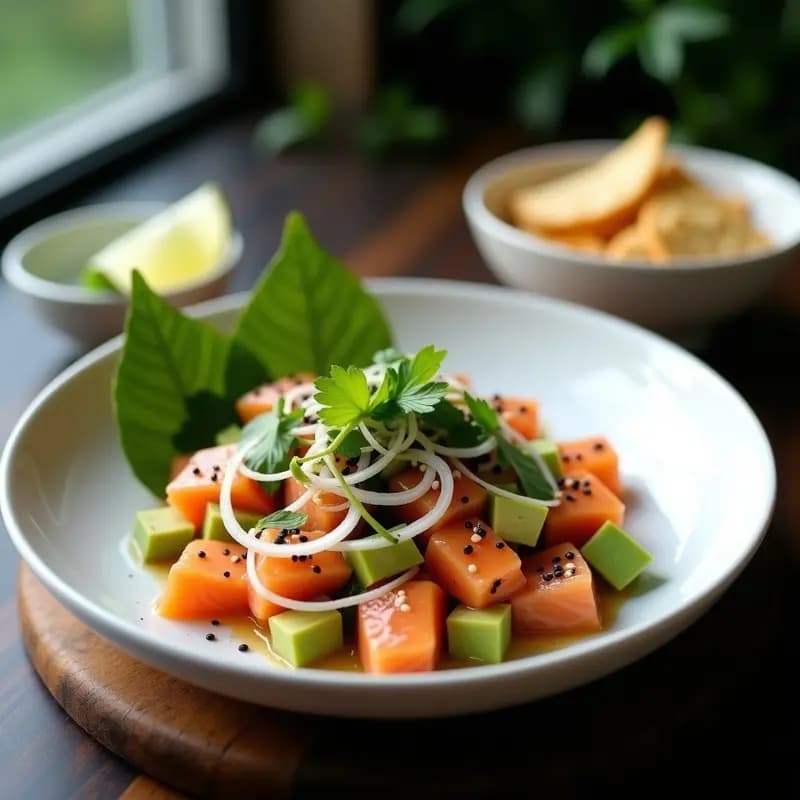 Ceviche de salmón con aguacate y salsa de miso servido en plato de cerámica negra, decorado con semillas de sésamo tostado, tiras de alga nori y cilantro fresco. Receta fusion Japo-Peruana.