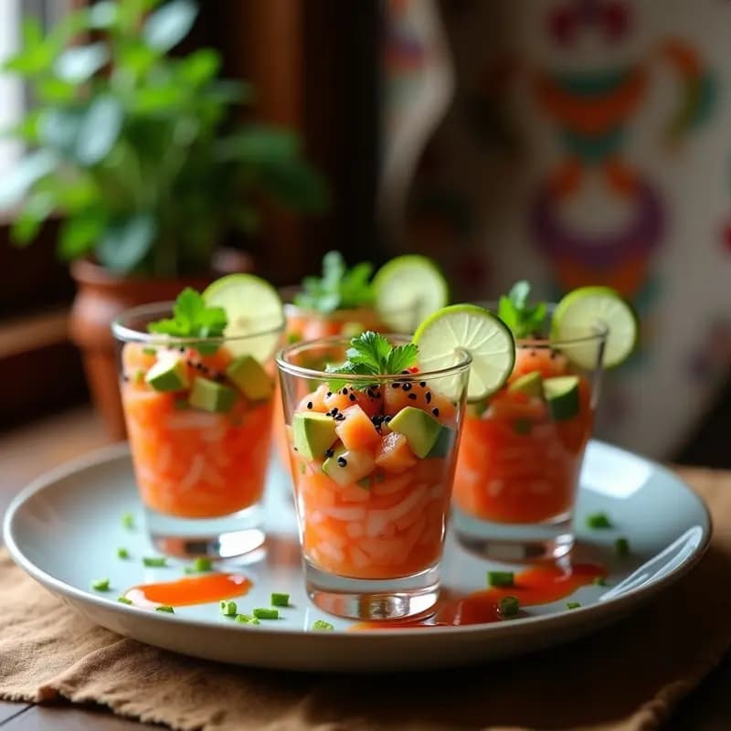 Ceviche de salmón con aguacate y salsa de tamarindo servido en copa de cristal, con cubos de salmón rosado, aguacate verde, cebolla morada y semillas de sésamo, decorado con cilantro fresco y un hilo de aceite de sésamo.