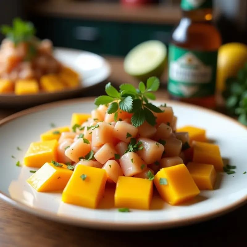 Plato blanco moderno con ceviche de salmón ahumado y mango, servido sobre hojas de lechuga romana, decorado con maíz tostado dorado, pimienta rosa y cilantro fresco. Colores vibrantes y texturas contrastadas.