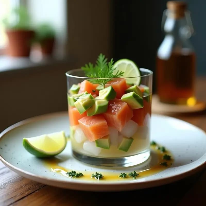 Ceviche de salmón ahumado y aguacate con eneldo servido en copa de cristal sobre base de hielo, con decoración de hojas de eneldo y hilo de miel de abeto, receta peruana-nórdica fresca y elegante.