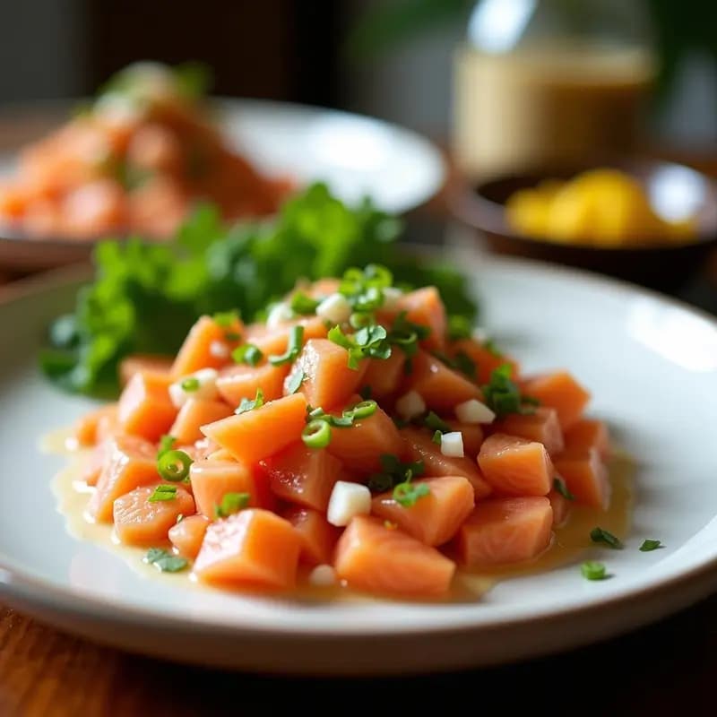 Ceviche de salmón ahumado con leche de cocos y plátano macho, servido en plato blanco sobre rodajas de plátano, decorado con semillas de sésamo y hojas de menta. Receta peruana sin gluten.