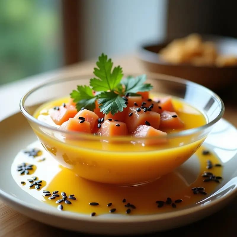 Ceviche de salmón ahumado y maracuyá Nikkei servido en copa transparente, con láminas de salmón rosado, pulpa de maracuyá amarilla, semillas de sésamo negro y hojas de cilantro verde. Plato fresco y colorido, listo para servir.
