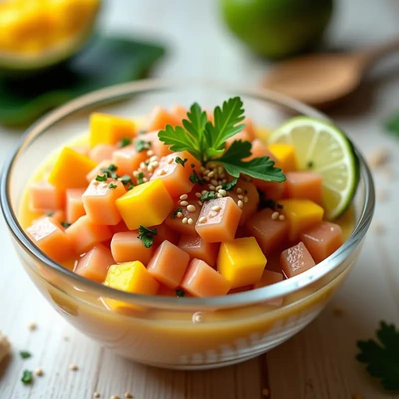 Ceviche vegano de salmón ahumado con salsa de mango en copa transparente, decorado con semillas de sésamo, alga nori y cilantro fresco sobre fondo de madera clara.