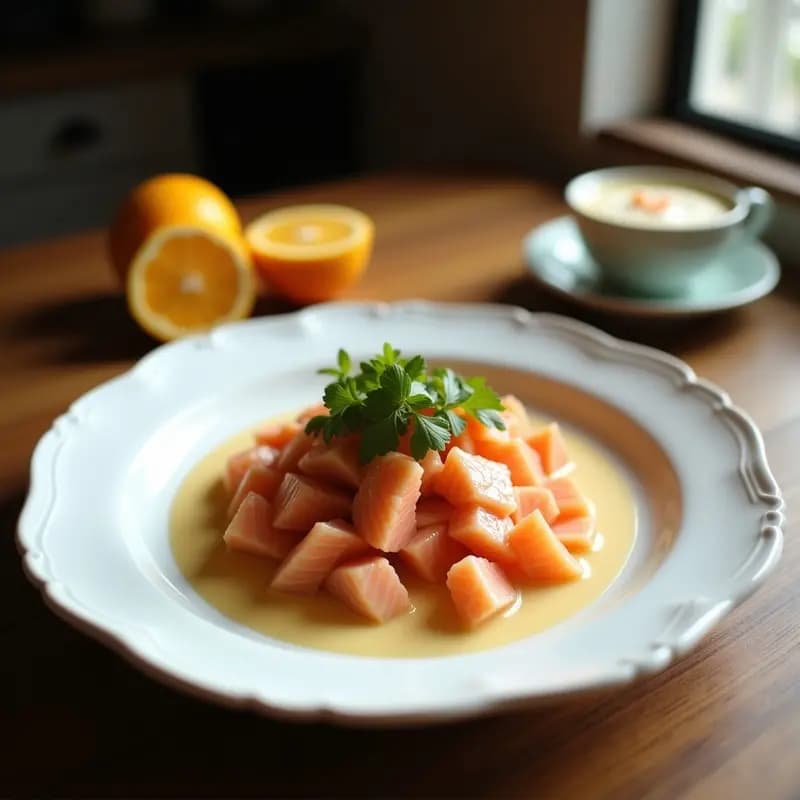 Ceviche de salmón fresco en cubos con marl de cítricos naranja y amarillo, leche de coconut cremosa, cebolla morada y semillas de sésamo. Decorado con hojas de shiso y pimienta rosa, servido en plato blanco sobre fondo de madera rústica. Receta Peruano-Japonesa Fusion.