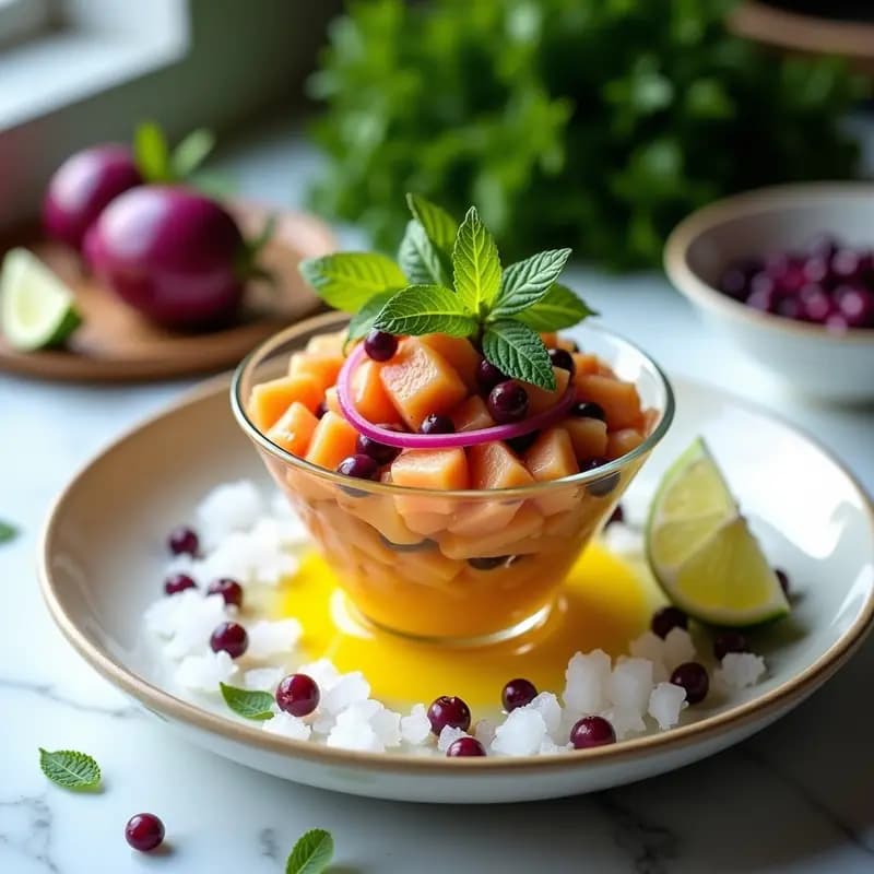 Ceviche de salmón en cubos rosados marinados en leche de tigre de maracuyá amarillo intenso, acompañado de granos de maíz morado, cebolla roja en juliana y hojas de lechuga morada sobre una base de hielo picado. Plato servido en un bowl de cerámica negra con decoración de sachaculpa.