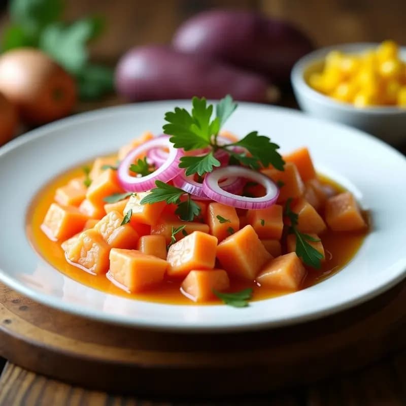 Ceviche de salmón fresco en cubos marinado en leche de tigre de mariscos, servido en plato blanco con rodajas de batata morada, maíz tierno, cebolla roja en juliana y decorado con cilantro y granos de pimienta rosa. Receta peruana fresca y cítrica.