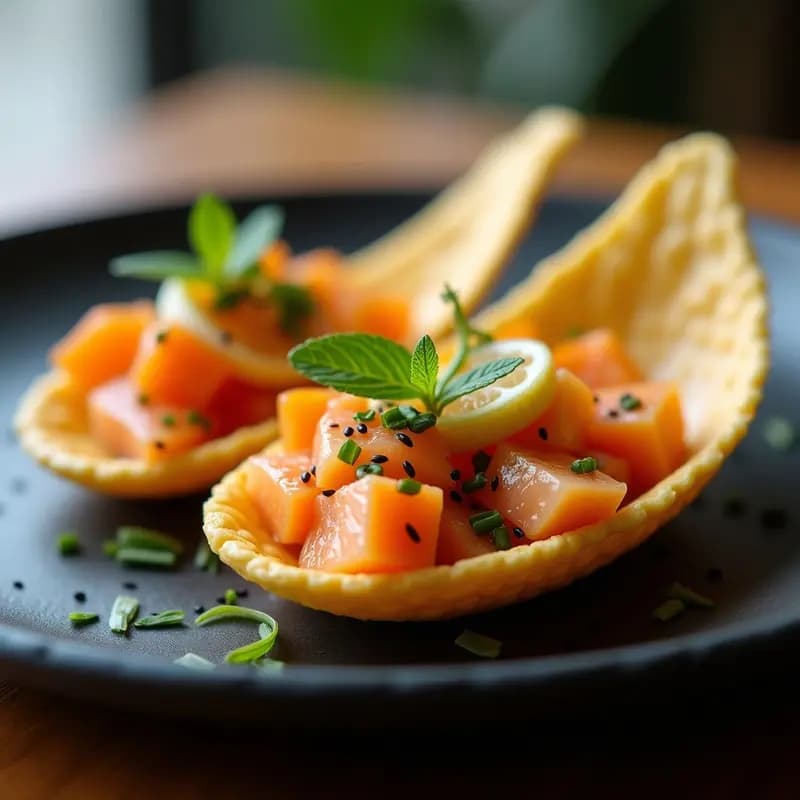 Ceviche de salmón con lichi y cúrcuma servido en cucharas comestibles de tapioca, decorado con semillas de sésamo negro y hojas de menta. Plato fusion Asia-Pacífico con colores vibrantes y presentación elegante.