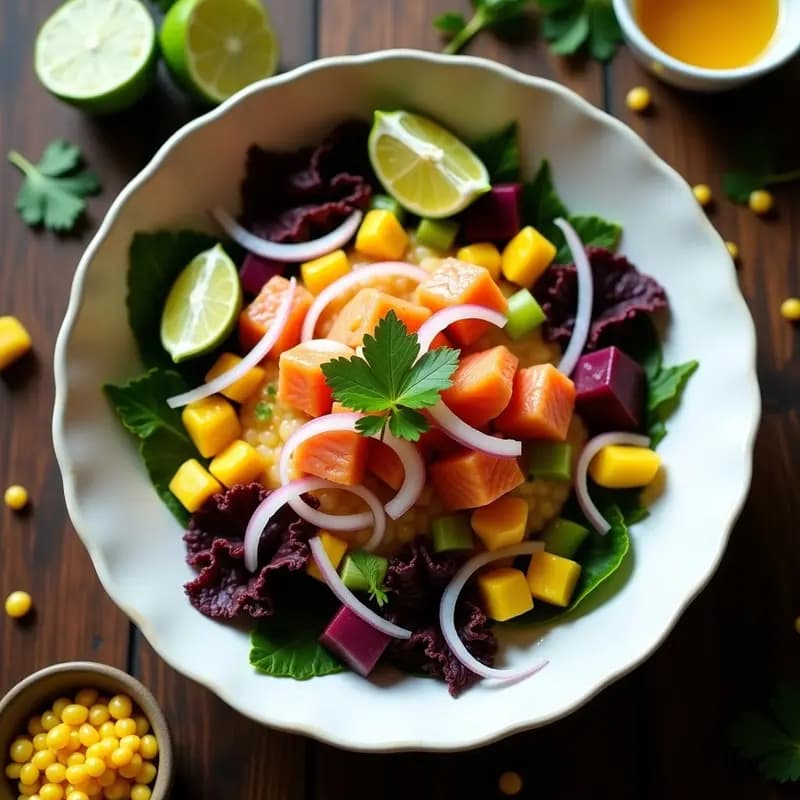 Plato de ceviche de salmón y lima peruano fresco, con cubos de salmón rosado marinado en jugo cítrico, camote morado en dados, choclo amarillo y cancha serrana, decorado con culantro y rodajas de lima sobre un fondo rústico.