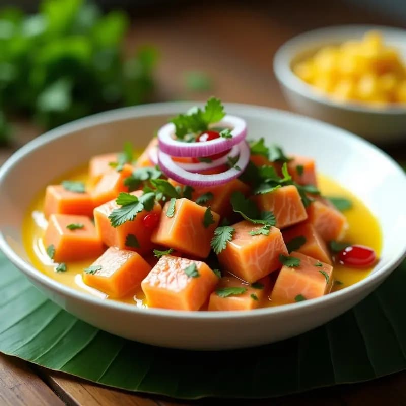 Plato blanco hondo con ceiche de salmón en cubos rosados, bañado en salsa amarilla de lulo, decorado con cilantro fresco, cebolla morada en juliana y chiles rojos. Maíz tostado dorado alrededor. Fondo rústico con hojas de plátano.
