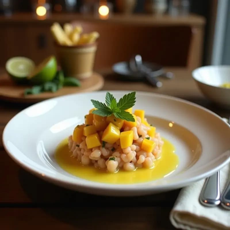 Ceviche de salmón fresco en cubos con mango maduro y aguacate Hass, bañado en leche de tigre cítrica con toques de jalapeño y cilantro, servido en copa de cristal con ajonjolí tostado espolvoreado y hojas de cilantro fresco como decoración.