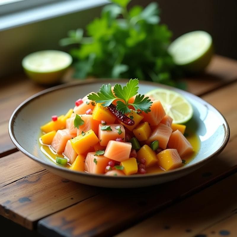 Ceviche de salmón con mango y chile de árbol servido en copa de cristal transparente, con cubos de mango fresco, cilantro y rodajas de limón alrededor. Plato colorido y fresco, ideal para aperitivo.