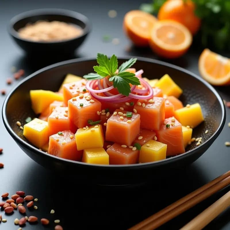Plato de ceviche de salmón y mango con leche de tigre de kumquat, servido en bowl de cerámica blanca con decoración de cilantro y semillas de sésamo, fondo rústico.