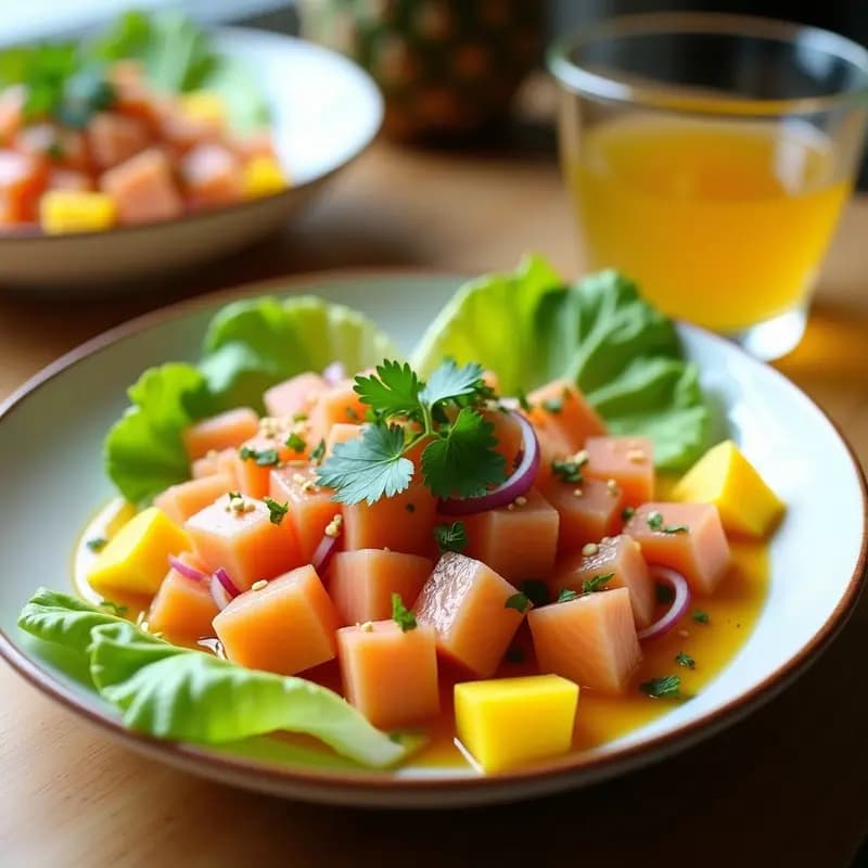 Plato de ceiche de salmón y mango con leche de tigre de piña, servido sobre hojas de lechuga romana, con trozos de salmón rosado, cubos de mango amarillo y cebolla morada en juliana, decorado con cancha serrana y cilantro fresco, acompañado de un recipiente con leche de tigre dorada.