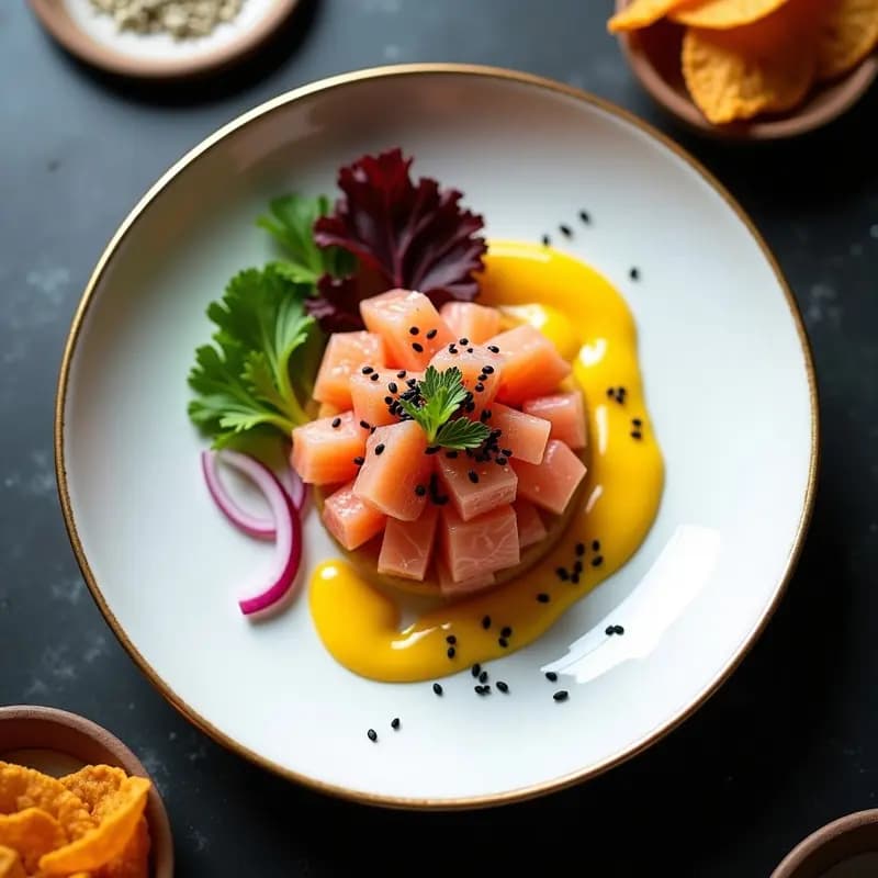 Plato blanco ovalado con ceviche de salmón en cubos rosados, bañado en jugo de maracuyá amarillo, crema de ají amarilla en hilos, semillas de sésamo negro y hojas de culantro. Acompañado de chips de camote dorados y lechuga morada.