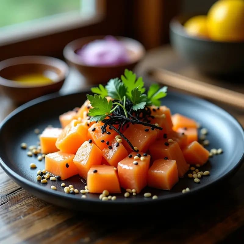 Ceviche de salmón fresco en cubos rosados marinados en leche de tigre amarilla con trozos de maracuyá, decorado con semillas de sésamo negras, cebolla morada en juliana, cilantro fresco y algas nori en láminas, servido en un plato hondo de cerámica blanca con fondo de madera rústica.