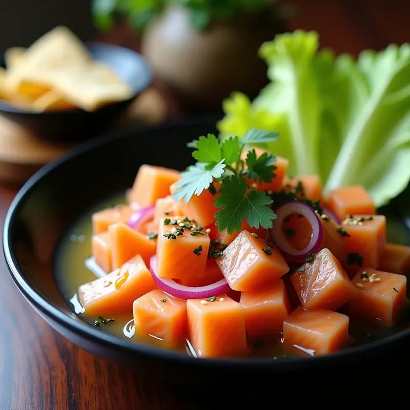 Plato de ceviche de salmón y maracuyá con leche de tigre, servido en un bol de cerámica negra con decoración de alga nori, semillas de sésamo y pulpa de maracuyá. El salmón en cubos rosados brilla bajo la luz, acompañado de cebolla morada en juliana y cilantro fresco. Receta peruana-japonesa fusion fresca y vibrante.