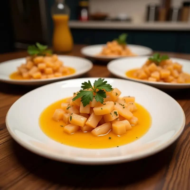 Plato blanco ovalado con ceviche de salmón en cubos rosados, bañado en marvin brillante de naranja sanguina, decorado con semillas de sésamo, hojas de menta y bastones de apio, sobre fondo de hojas de lechuga morada.