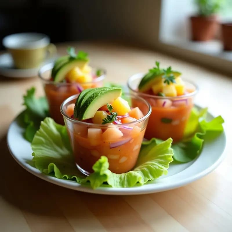 Ceviche de salmón con piña y aguacate servido en hojas de lechuga romana, con toques de semillas de sésamo y cilantro fresco. Plato vibrante con colores tropicales: rosa del salmón, verde del aguacate y amarillo de la piña.