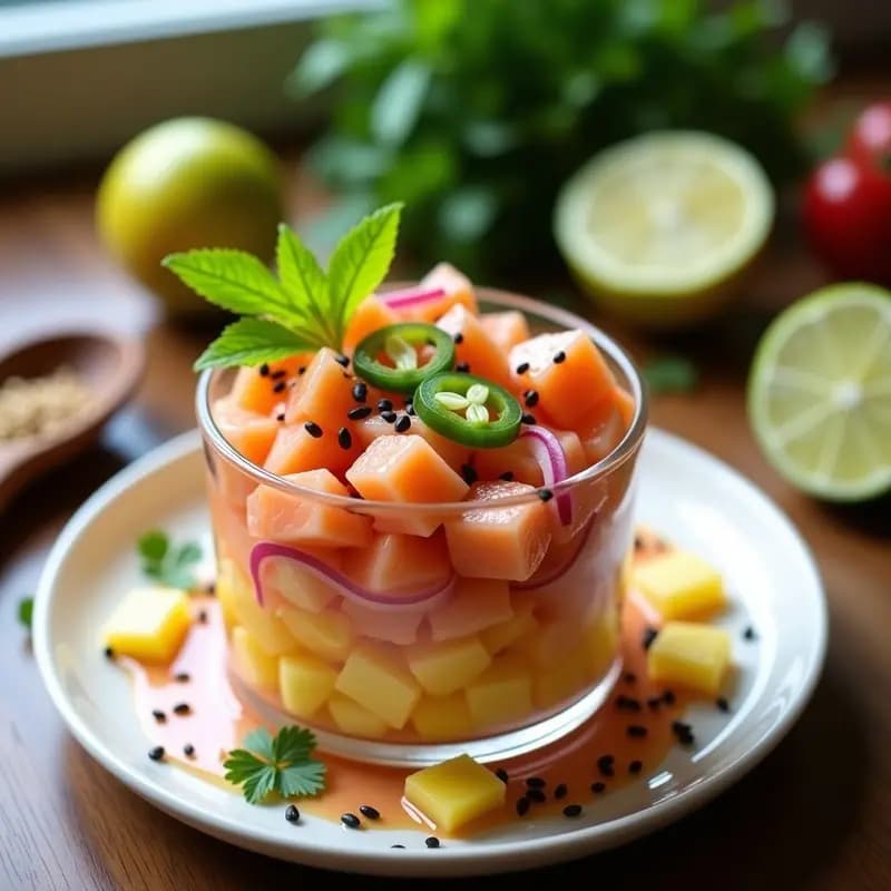 Ceviche de salmón con piña y jalapeño servido en copa de cristal, con trozos de salmón rosado, piña amarilla, jalapeño verde y semillas de sésamo negro. Acompañado de un hilo de leche de coco y hojas de menta fresca.