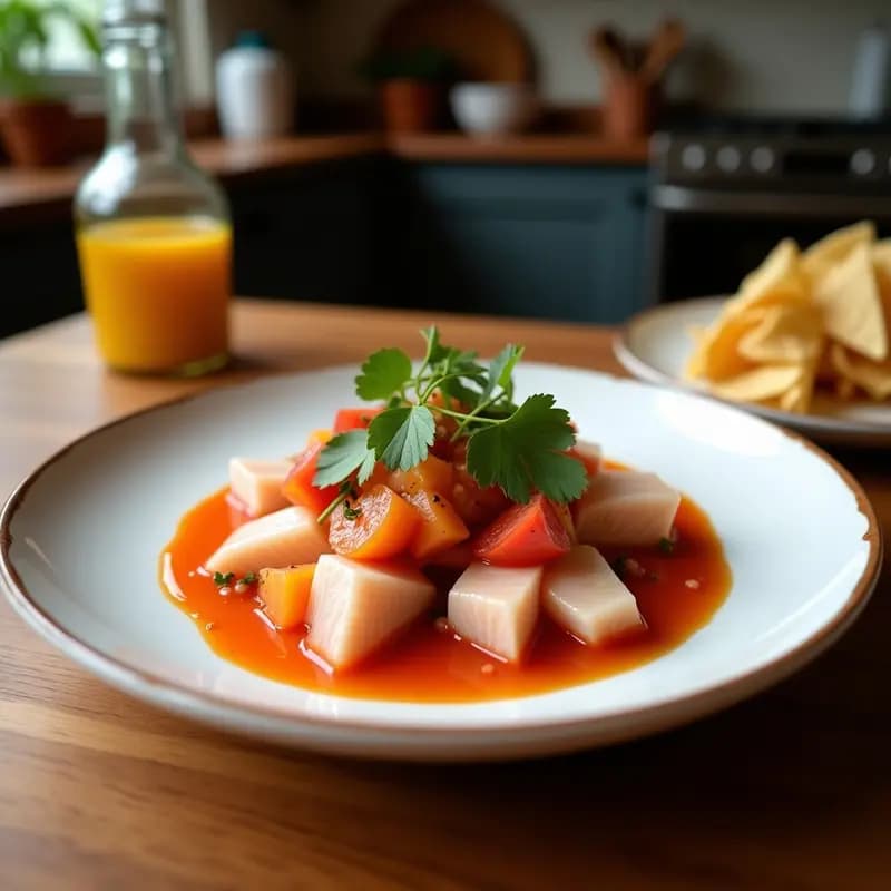 Plato blanco rectangular con ceviche de salmón en dados rosados, bañado en salsa de tamarillo de color ámbar, sobre hojas de lechuga morada. Decorado con semillas de sésamo, rodajas de limón y cilantro fresco. Receta peruana gourmet sin cocción.