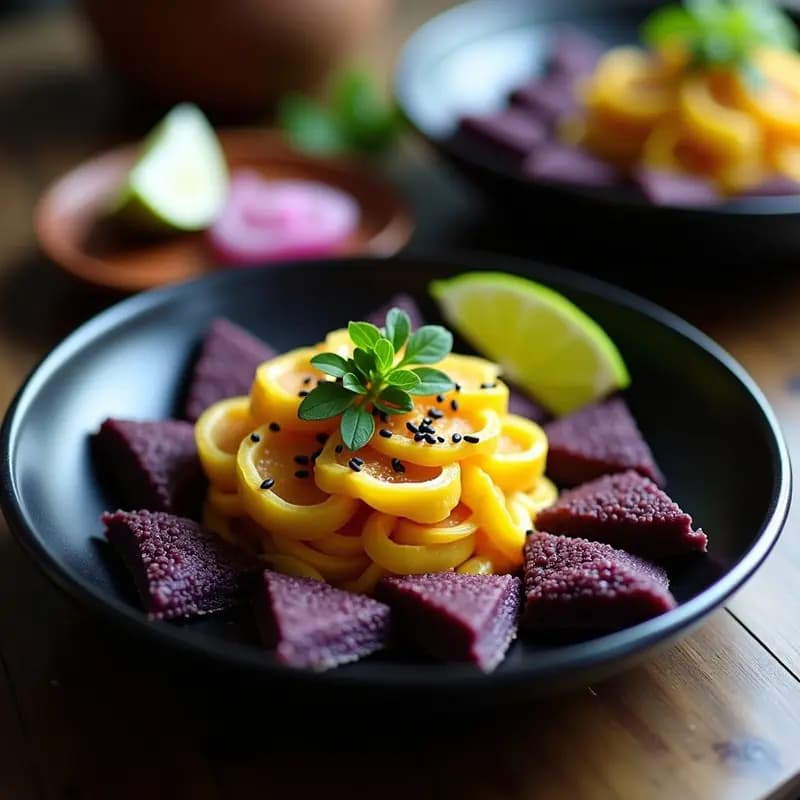 Ceviche vegano de setas ostra marinadas en leche de tigre con lima y jengibre, servido en un plato blanco con crujiente de maíz morado tostado, cebolla morada, pimiento rojo y semillas de sésamo. Receta peruanasiática fresca y colorida.