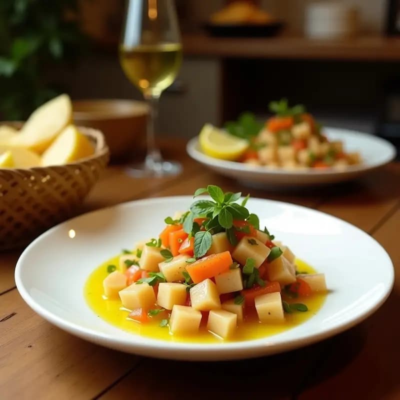 Ceviche de setas ostra marinadas en leche de tigre vegana con limón vert, servido sobre hojas de lechuga romana, decorado con semillas de sésamo, cebolla morada en juliana y cilantro fresco. Plato fresco y colorido, típico de la cocina peruana vegana.