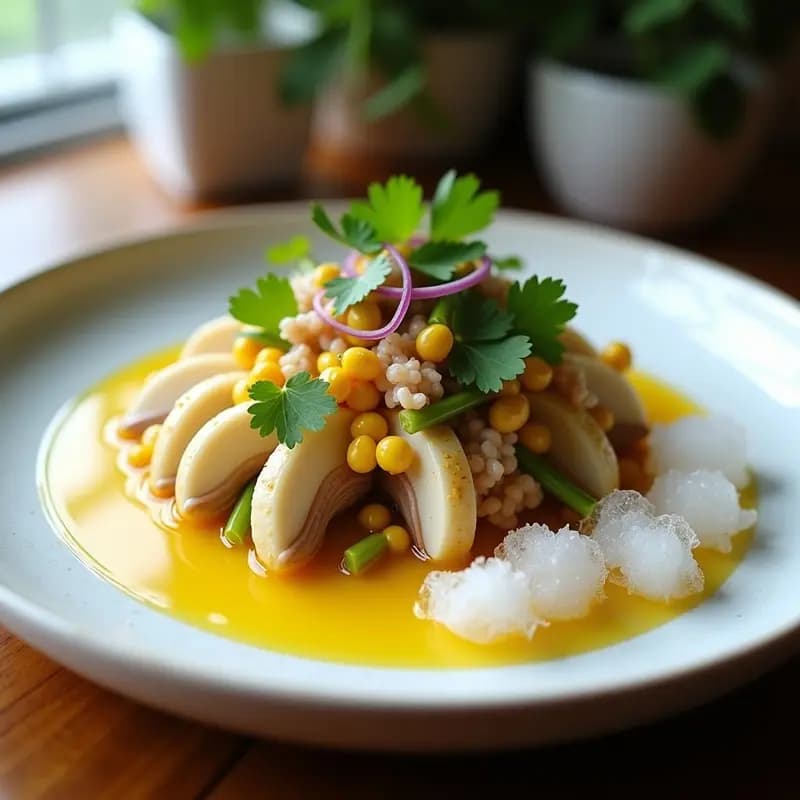 Ceviche de setas oyster en láminas gruesas marinadas en leche de tigre amarilla, acompañadas de lechuga de mar, cebolla morada, apio, maíz morado tostado y cilantro fresco sobre un plato de cerámica blanca con hielo picado al lado.