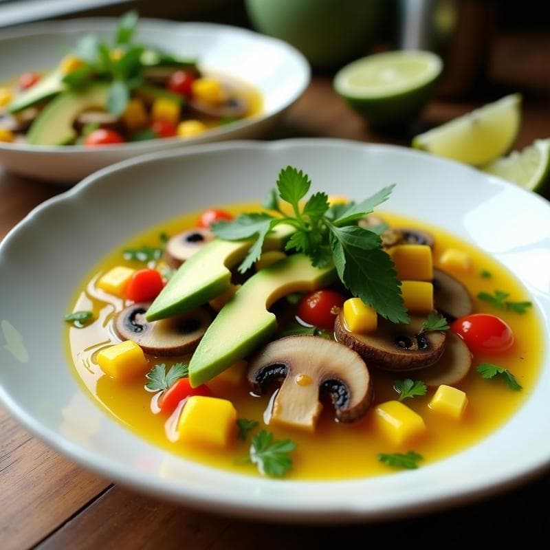 Plato hondo de cerámica blanca con ceviche de setas Portobello en láminas, pimiento amarillo en cubos, aguacate, maíz y cilantro, bañado en leche de tigre de cúrcuma de color amarillo intenso. Decorado con hojas de cilantro fresco y rodajas de limón al lado.