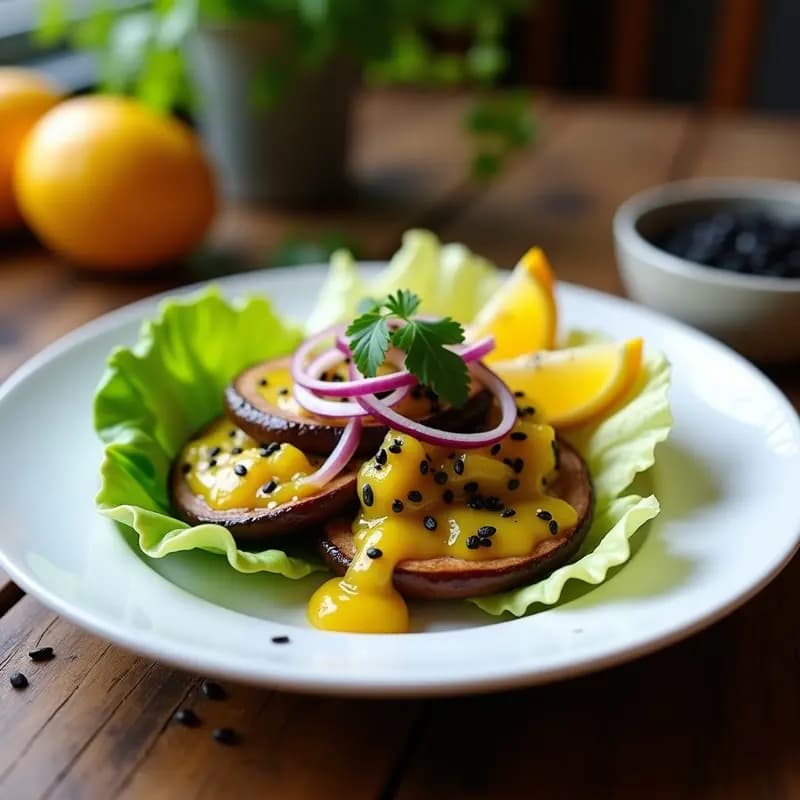 Ceviche de setas portobello y maracuyá servido en hojas de lechuga romana, con láminas de setas marinadas en leche de tigre amarilla, cebolla morada, cilantro fresco y semillas de sésamo tostadas. Plato colorido y fresco con toques cítricos.