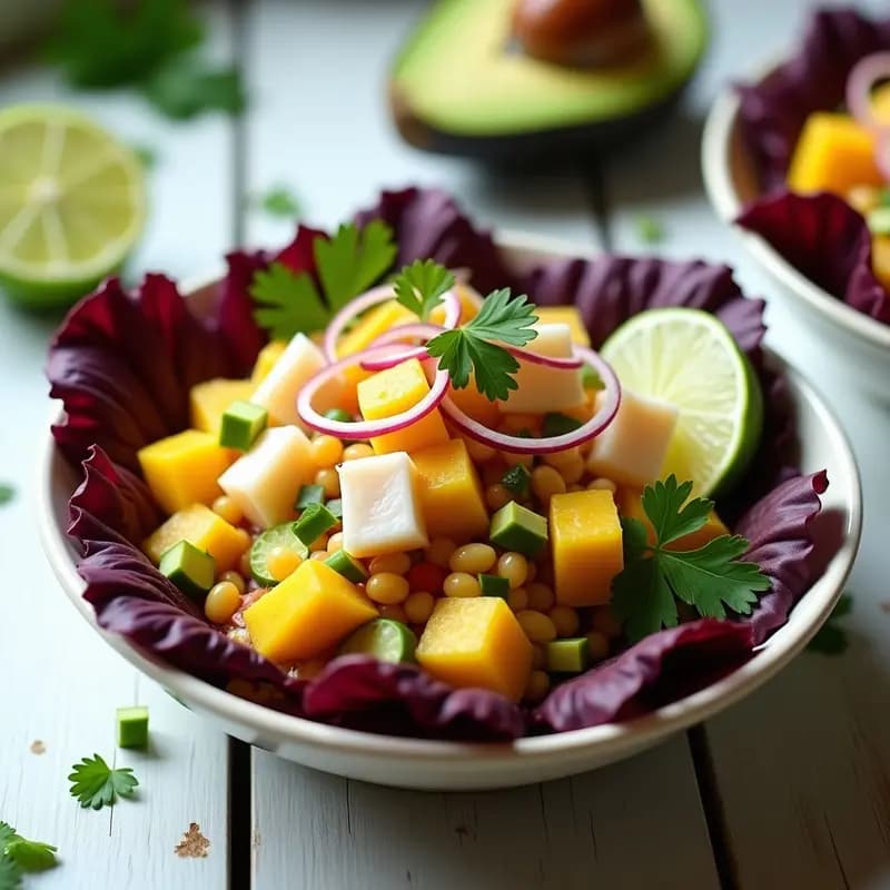 Ceviche de surimi con aguacate y mango servido en copa de cristal transparente, con rodajas de limón verde y hojas de culantro como decoración. Plato fresco y colorido típico de la cocina peruana económica.