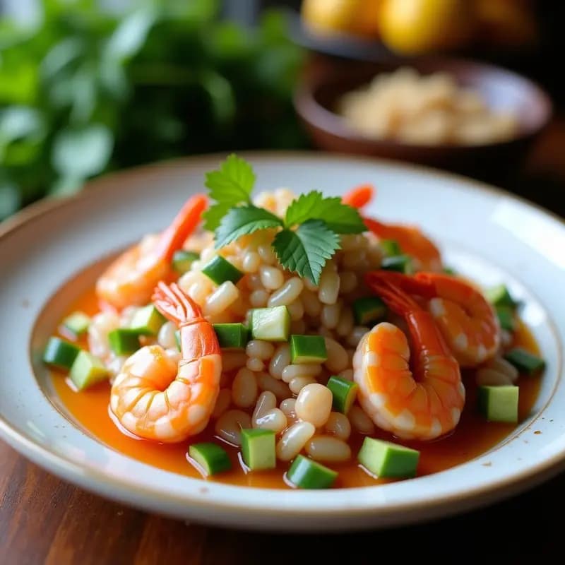 Ceviche tailandés de camarones y coco servido en copa de cristal sobre fondo oscuro, con camarones rosados en trozos, coco rallado blanco, cebolla morada y semillas de sésamo. Decorado con hojas de cilantro y limón kaffir.