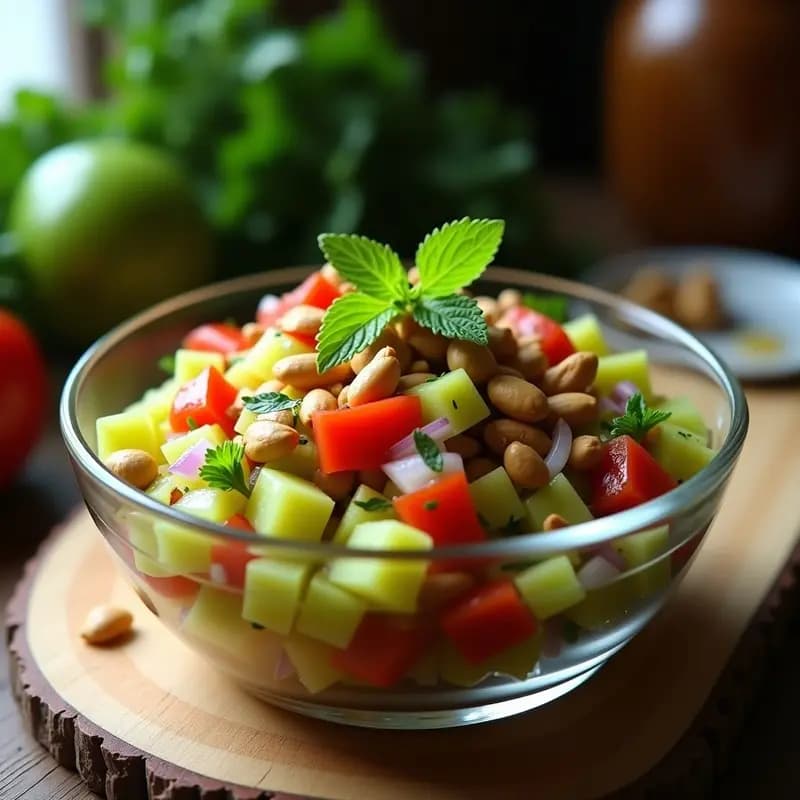 Ceichi de tomate verde y cacahuate servido en copa de cristal transparente, con cubos de aguacate, cacahuates tostados y hojas de hierbabuena. Plato fresco y colorido típico de la cocina ecuatoriana vegana.