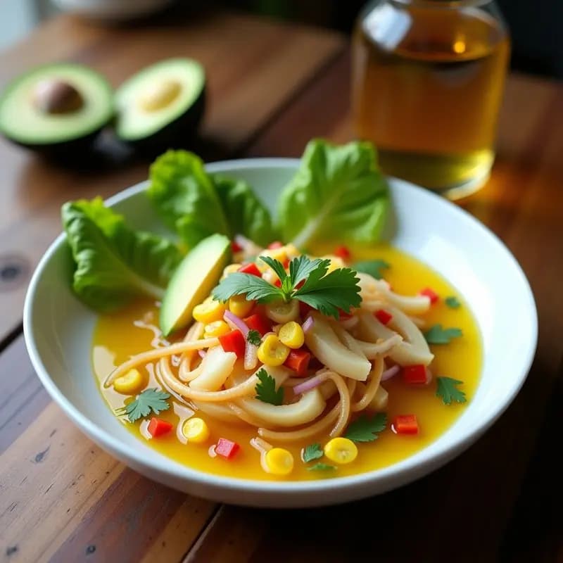 Plato hondo de cerámica blanca con ceviche vegano de corazón de palma marinado en leche de tigre, servido sobre hojas de lechuga romana, decorado con láminas de aguacate, maíz tostado y cilantro fresco.