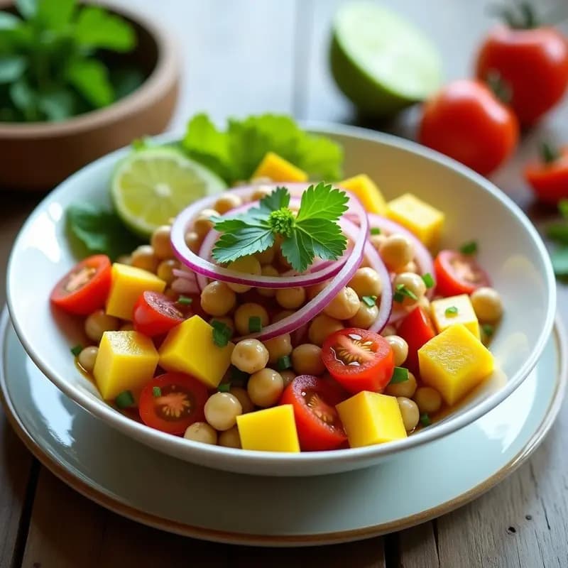Bol de cerámica blanca con ceviche vegano de mango y lechuga tigre, decorado con rodajas de limón verde y hojas de cilantro fresco sobre fondo de madera rústica.