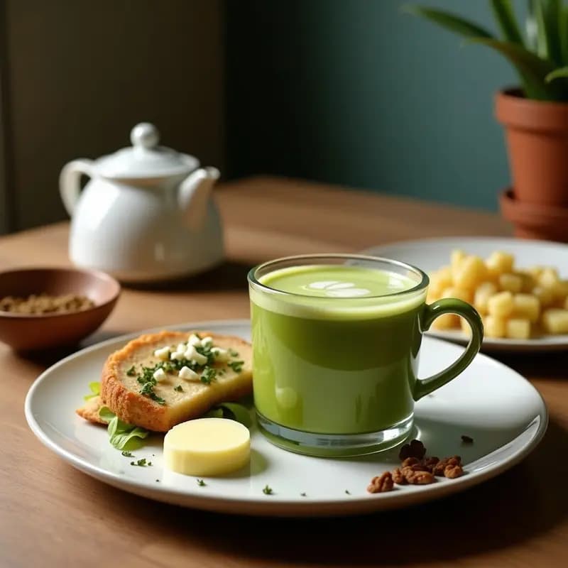 Vaso alto transparente con Ch Sailor Moon vegano, bebida tailandesa de té verde matcha y leche condensada vegetal, decorada con una pizca de matcha en polvo y semillas de sésamo, sobre fondo de madera oscura con hielo brillando.