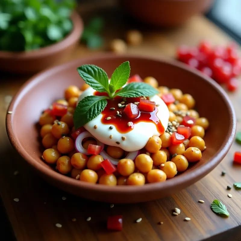 Plato de Chaat Indio de Garbanzos y Yogur con garbanzos dorados y crujientes, salsa cremosa de yogur, granadina roja brillante, cebolla morada, tomate y cilantro fresco, espolvoreado con especias chaat masala y semillas de mostaza.