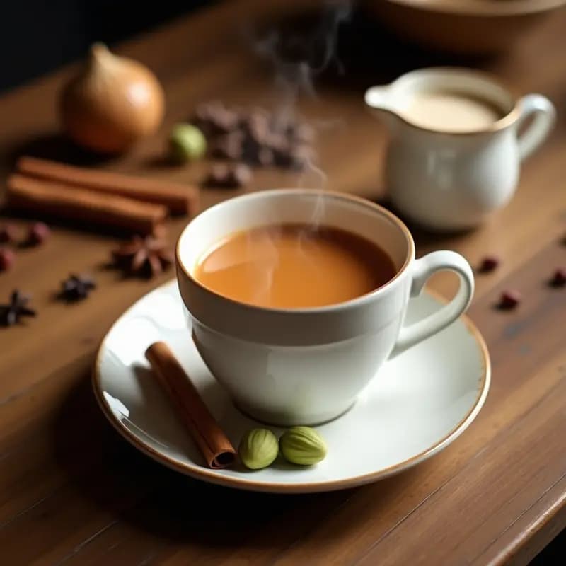 Taza de porcelana blanca con chai humeante de color ámbar oscuro, decorada con una ramita de canela y semillas de cardamomo sobre una mesa de madera rústica. Al fondo, especias enteras y un cuenco con leche de avellanas.