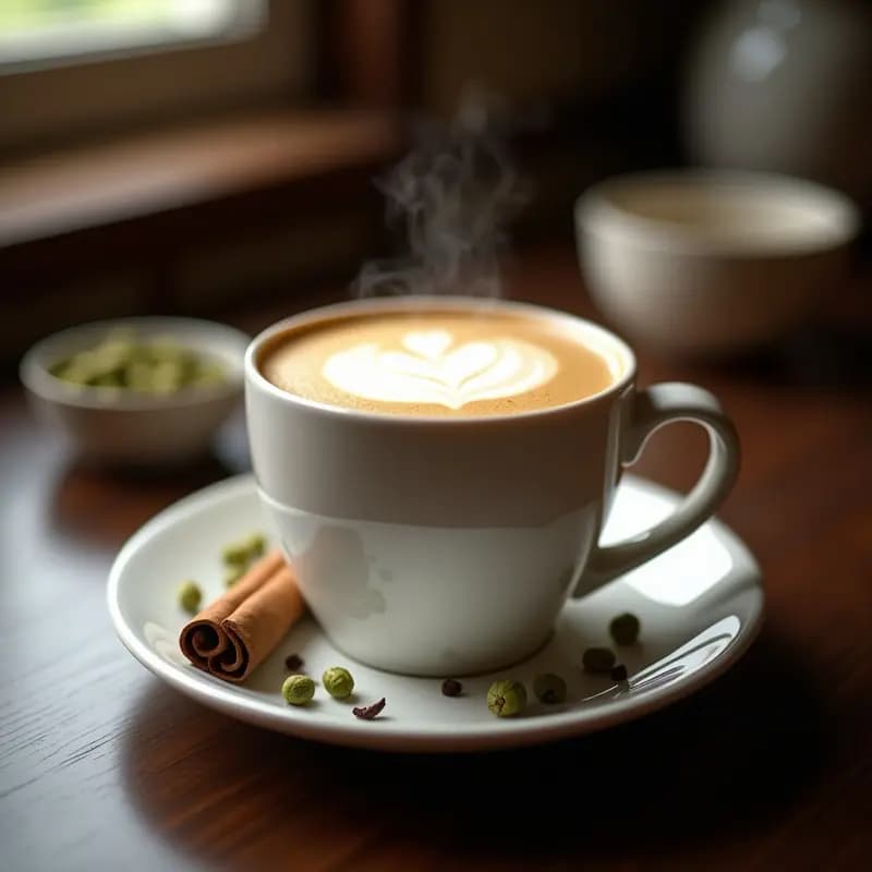 Taza de cerámica blanca con Chai Latte con Cardamomo y Jengibre, espuma cremosa en la superficie, especias enteras como cardamomo y canela en rama alrededor, fondo de madera oscura y luz cálida.