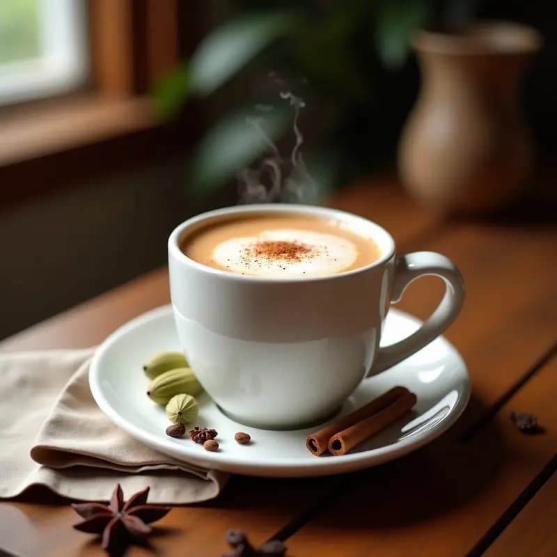 Taza de cerámica blanca con Chai Latte con especias casero, espuma cremosa de leche de coco y un espolvoreado de canela en polvo. Al fondo, especias enteras como cardamomo, clavo y canela sobre una mesa de madera rústica. Bebida india reconfortante y sin azúcar.