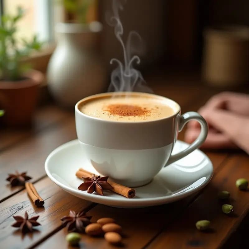 Taza de porcelana blanca con Chai Latte con especias casero y leche de almendra, espolvoreada con canela en polvo, sobre una mesa de madera rústica con especias enteras y una rama de canela al lado.