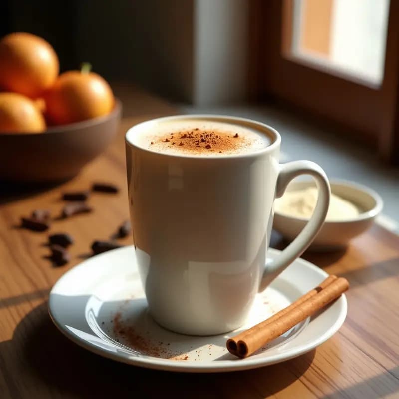 Taza de cerámica blanca con Chai Latte Proteico con Leche de Almendras y Canela, espolvoreada con canela en polvo, sobre una mesa de madera con especias enteras y una ramita de canela al lado. Bebida india keto para desayunar.