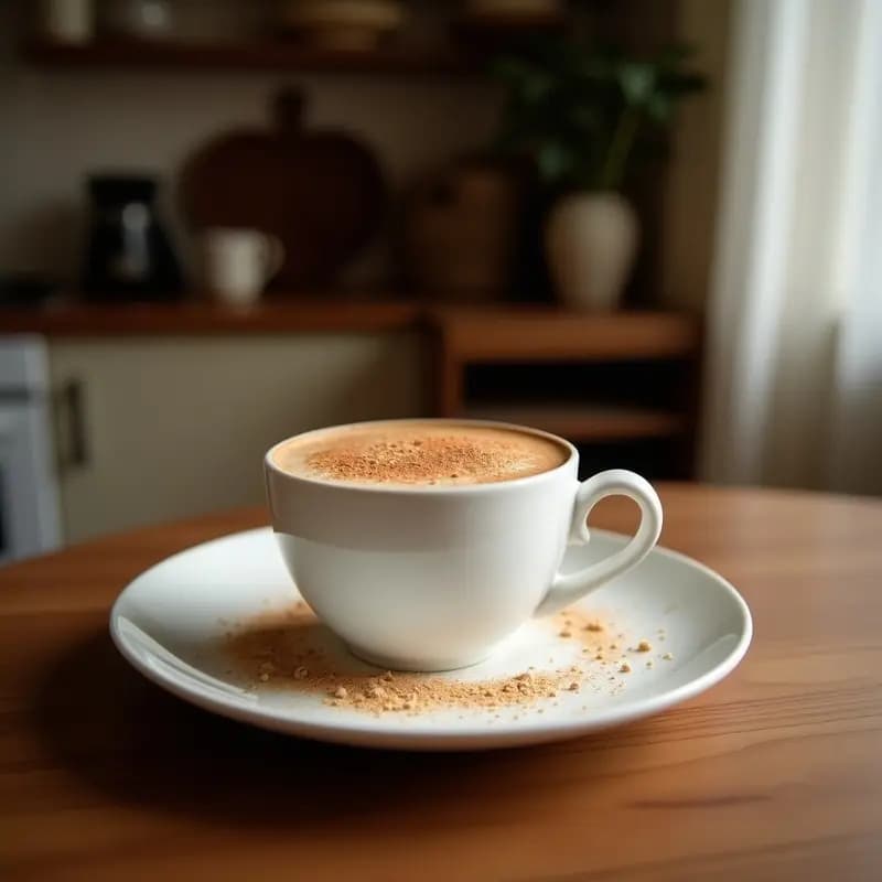 Vaso transparente con Chai Latte Proteico espumoso, decorado con polvo de cardamomo sobre una superficie de madera rústica. Al fondo, especias en polvo y una cucharita de madera. Bebida india cremosa sin azúcar.
